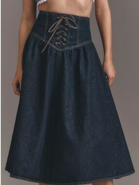 Pilcro Dark Blue Lace-Up Drop-Waist A-Line Denim Skirt Size 2 Anthro Long